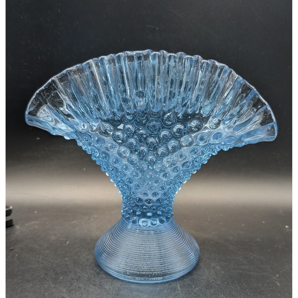 Vintage Empoli Italian Blue Hobnail Glass Fan Vase Ruffled Rim Pedestal 7"